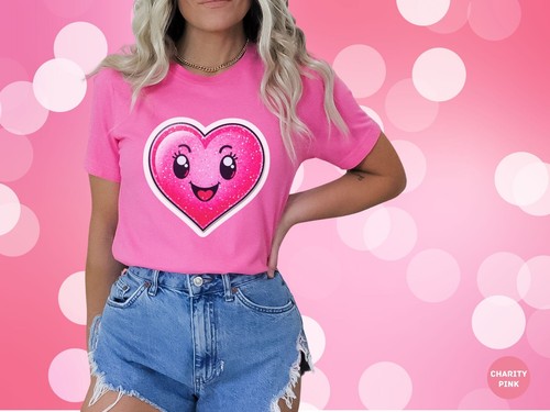 Women Cute Pink Heart Graphic Love Valentines Casual T-Shirt Her Cheerful Heart - Picture 4 of 51