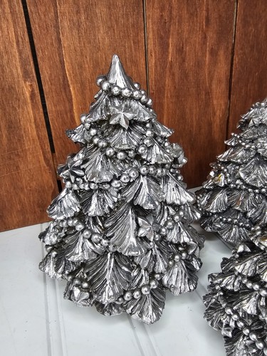 Silver Metal Vintage evergreen trees Christmas village table decor set of 3 - Picture 2 of 6