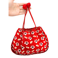 Japanese Drawstring Bag Kinchaku Kimono Fabric Red Floral Purse Small Pouch Mini