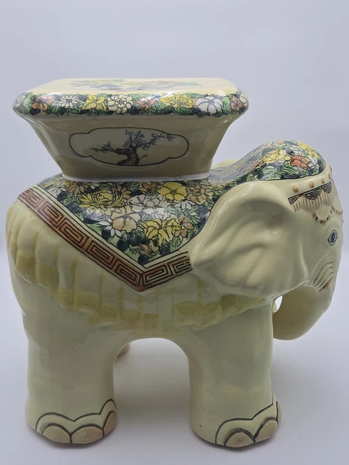 "Taburete de jardín elefante de cerámica vintage 17"" banco de patio soporte para plantas floral asiático" Foto 3 de 4