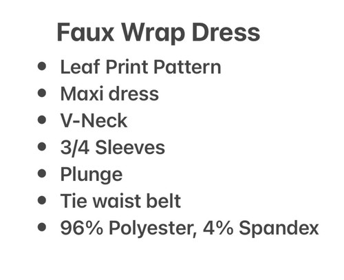 mlle Gabrielle Leaf Print Faux Wrap Dress V-Neck 3/4 Sleeves Tie waist belt, 3XL - Picture 4 of 5