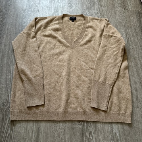 J Crew 100% Cashmere Camel V-neck Boyfriend Sweater Size S Oversized