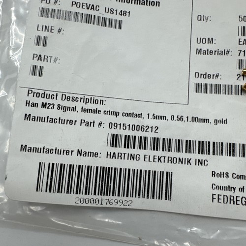 (13) Harting Electronik Connectors Han M23 Signal 1.5mm, .56, 1.00mm Gold - Picture 2 of 5