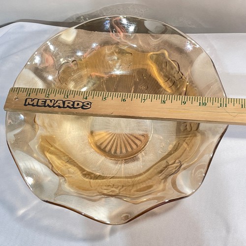 Carnival Glass Fruit Bowl Marigold Peach Luster Ruffled Edge by Jeanette 11.5" - Picture 7 of 10