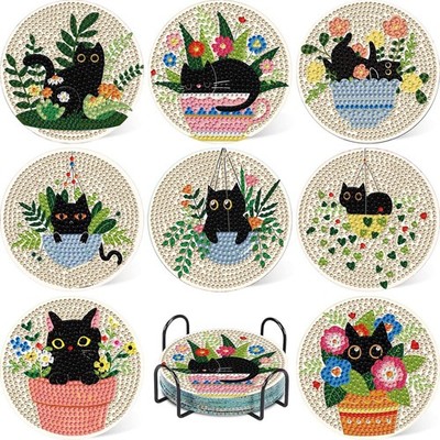 8 Stück Katze Diamond Art Untersetzer Set mit Halter Katze Diamond Painting Untersetzer
