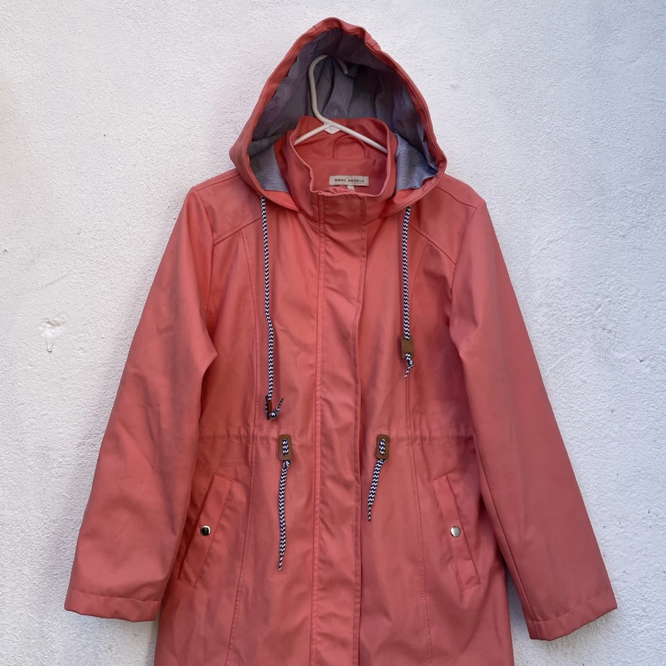 Impermeable Marc Angelo Mujer Grande Melocotón Salmón Cremallera Completa Con Capucha Cinturón Clima Foto 3 de 4