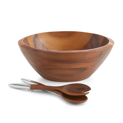 Nambe Namb Eclipse Salad Bowl Server Set 12.5 Acacia Wood Alloy Serving Bowl