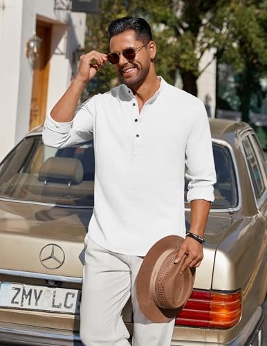 Men's Casual Henley Shirt Long Sleeve Band Collar Shirts Summer Beach Hippie - Picture 4 of 7