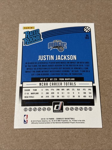 Justin Jackson 2018-19 Donruss Rated Rookie Card #183 Orlando Magic - Picture 2 of 2