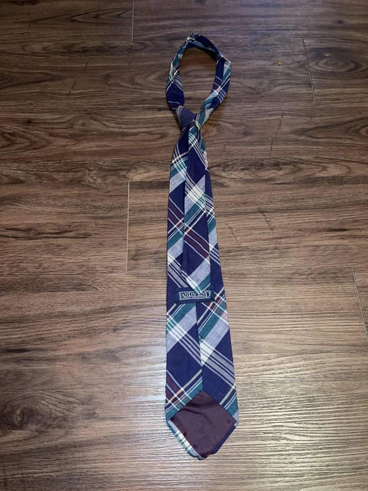 Corbata Lands' End para hombre talla única púrpura verde a cuadros 100 % algodón cosida a mano hecha en EE. UU. Foto 3 de 4