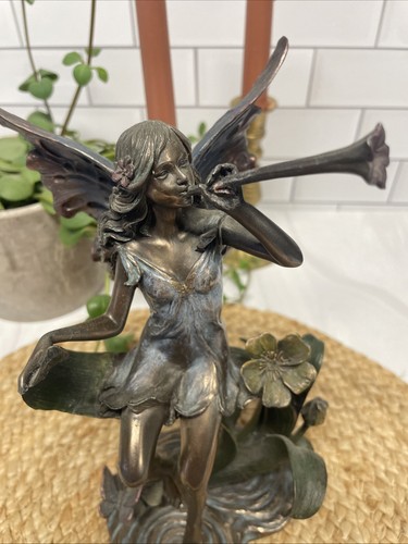 Bronze Look Fairy Flying Angel Sculpture Figurine Floral Blowing Trumpet 9” - Picture 15 of 15