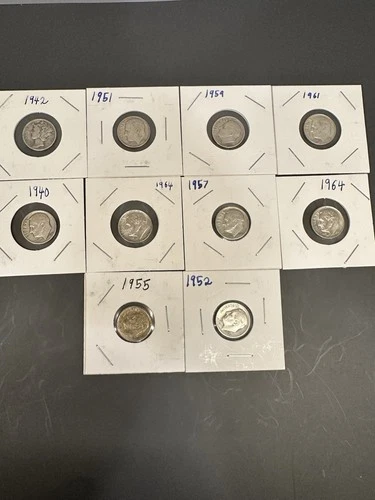 $1 Face Mercury & Roosevelt Dimes, 1917-1963 - Lot Of 10, 90% Silver, M-40e