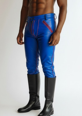 Men's Real Cowhide Leather Bikers Pants Contrast Color Piping R.Blue BLUF Pants