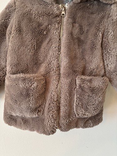 Zara Baby Unisex Size 2-3 Years Brown Faux Fur Zip Front Jacket Hooded Pockets - Picture 3 of 5