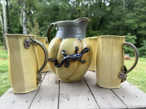 Vintage NC Studio Pottery Pitcher W Lizard And Ladybugs Plus 4 Matching Mugs