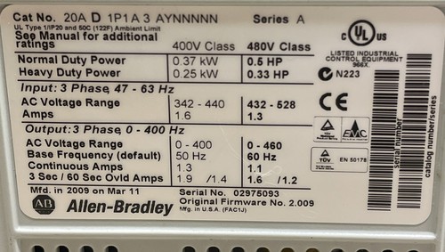 ALLEN BRADLEY 20AD1P1A3AYNNNNN SER A 0.33/0.5HP POWERFLEX 70 VFD DRIVE - Picture 3 of 9