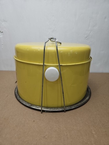 Vintage MCM Flowers Yellow Metal Double Decker 4 pc. Cake / Pie / Carrier Tin - Picture 5 of 18