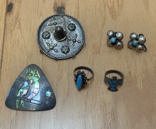 Vintage Taxco Sterling Silver Jewelry Lot Rings Brooch Pins Pendant 35.7g Mexico