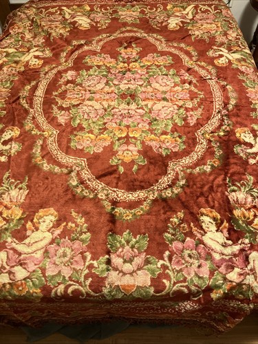 Large vintage velvet Tapestry bedspread Cherub And Flower velvet bed cover - Picture 6 of 7