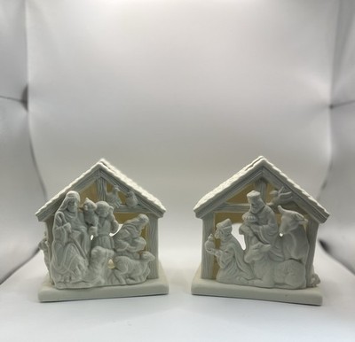 PartyLite Ceramic White Nativity Scene Candle Holders Set of 2 Matte Finish