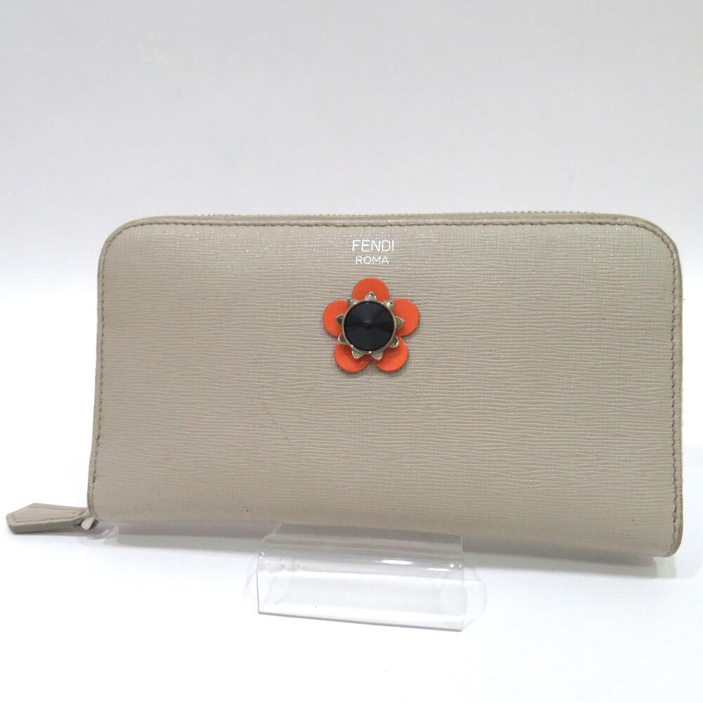 Light Gray FENDI Leather Long Wallet w/Flower Design and