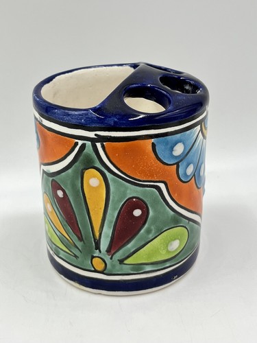 Mexican Pottery Tooth Brush Toothpaste Holder Handmade Painted Folk Art