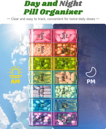 Extra Large Pill Organizer 2 Times a Day Weekly XL AM PM Pill Case 7 Day Rainbow - Picture 5 of 11