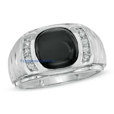 Natural Black Onyx & CZ Gemstones with 925 Sterling Silver Ring for men's #0124
