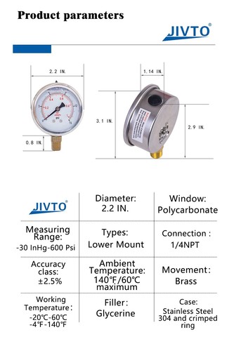 Pressure Gauge,Liquid Filled,2" Dia,0-30 psi,1/4 NPT Lower Mount - Picture 14 of 15
