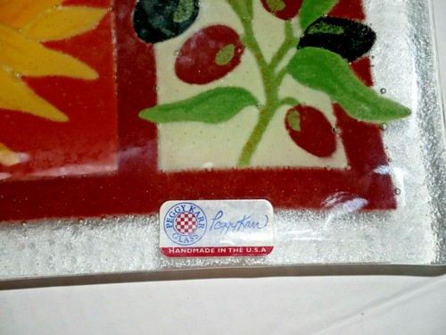 Peggy Karr Tuscany Fused Art Glas rechteckiges Tablett Handarbeit Sonnenblume Oliven - Bild 3 von 3