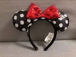 Disney-Parks-Minnie-Mouse-Red-Black-white-dot-Sequin-Headband-Ears-Costume-Bow