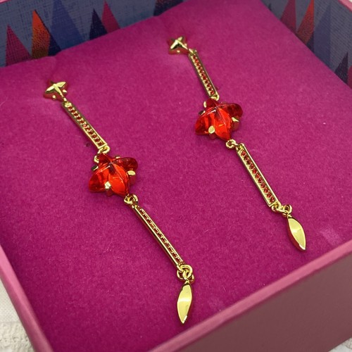 ALL WE ARE Red Star Dangly Earrings Long Gold Plated Retro Kitsch Deco NEW BOXED - Picture 3 of 8