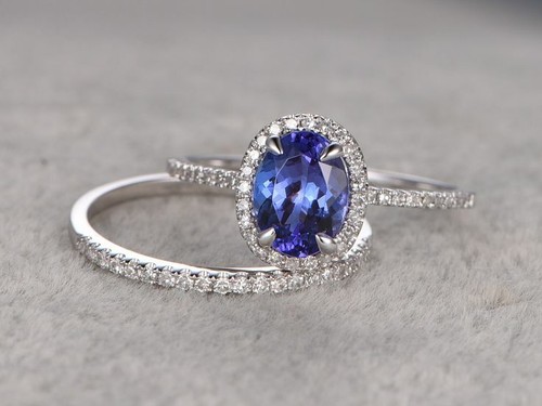 2.37Ct Blue Oval Lab Created Diamond 14K White Gold Engagement Bridal Ring Set - Picture 2 of 4
