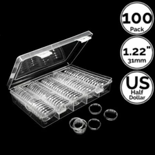 100 Pack 1.22" 31mm Coin Capsule Holders w/5 Slot Case Direct Fit US Half Dollar