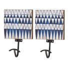 French Country Vintage Look Metal and Wood Set of 2 BLUE WHITE Single Hooks