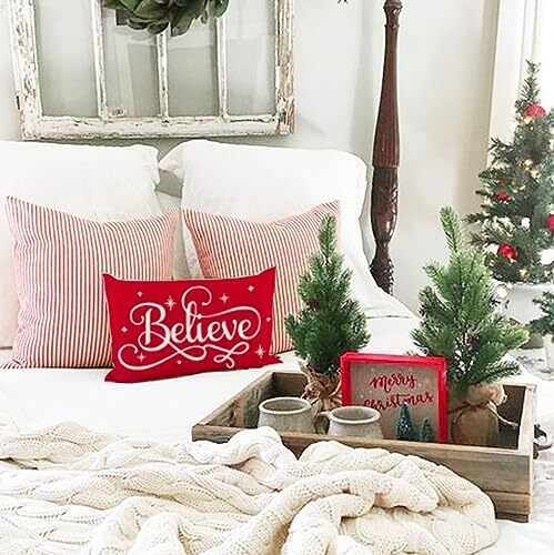 Red Christmas Pillow Covers 12x20 Believe Christmas Decorations 12" x 20" A - Picture 3 of 6