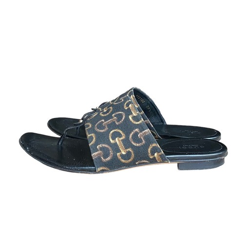 GUCCI Black Brown Horsebit Pattern Canvas Leather Flat Thong Sandals, Size 38.5 - Picture 10 of 15