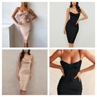 Au Women Fashion Sexy Satin Fish Bone Pleated Spaghetti Straps Skirt Dress Party