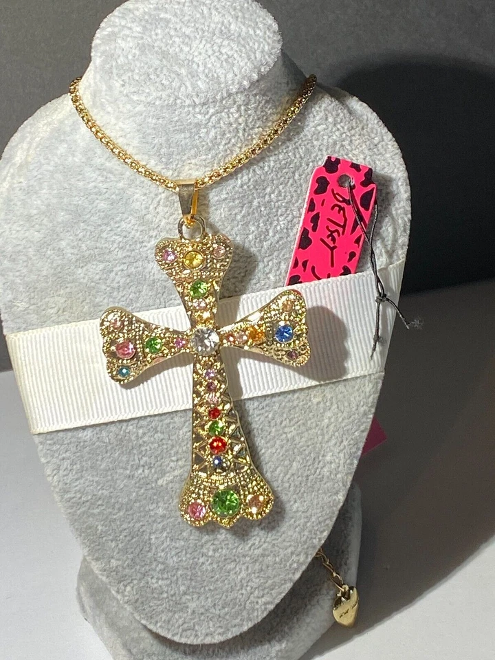 BETSEY JOHNSON CORONA GRANDE CRUZ GRANDE CRISTALES MULTICOLORES COLGANTE ORO Foto 2 de 4