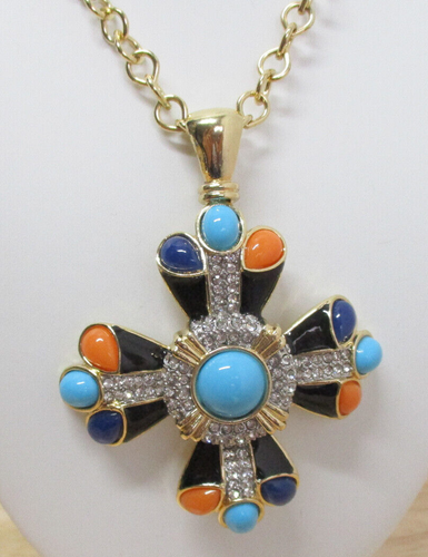 Post 1990 signiert Kenneth Lane Faux Türkis und Multi Cabochon Anhänger Halskette - Bild 3 von 20