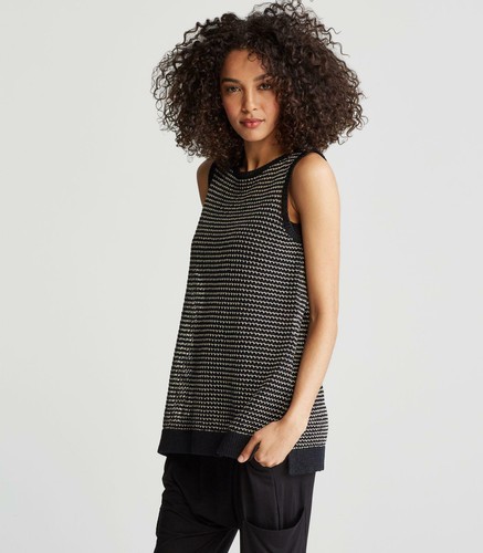 Eileen Fisher Womens Tape Mesh Tank Black Bateau Organic Cotton Sz PL NWT $248