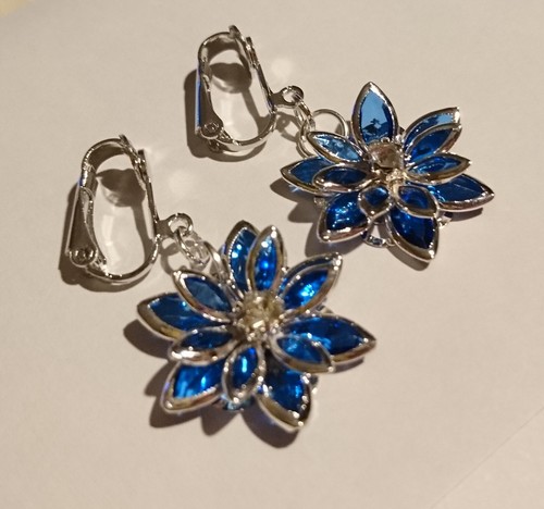 OHRCLIPS CLIPS Blüte Blume silberf blau Strass 4cm lang Modeschmuck Ohrklipser - Bild 3 von 5