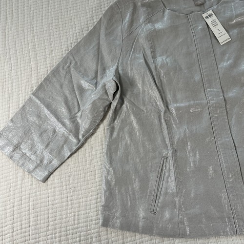 Chicos Jacket Womens 3 XL 16/18 Silver Linen Modern Foiled Shimmer Metallic NWT - Picture 7 of 18
