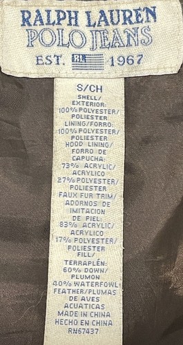 Chaqueta tampón de relleno de plumón polo vintage Ralph Lauren con capucha de piel sintética para mujer S marrón - Imagen 8 de 9