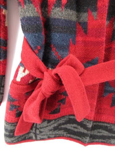 Lauren Ralph Lauren Sweater Women XS Red Lambswool Aztec Western Belted Waist - Picture 4 of 10