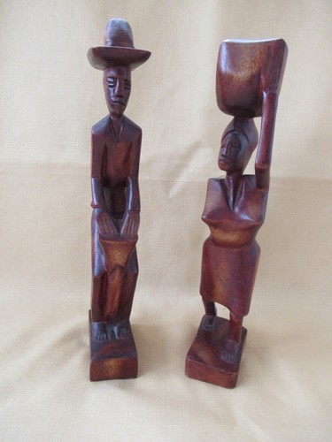 Vintage Hand Carved Wooden Haitian Figures Pair (Man & Woman) 11.5" Tall