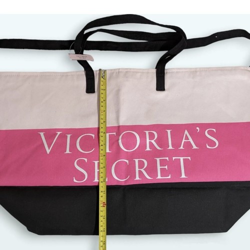 Bolso de Mano Victoria's Secret Negro Rosa Rayas Playa Cremallera Grande Fin de Semana - Imagen 11 de 13