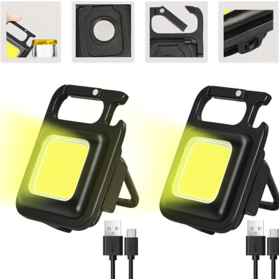 2X COB Wiederaufladbare Schlüsselanhänger Licht Mini LED Taschenlampe Flaschenöffner Micro USB