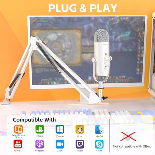Gaming Microphone Kit,Podcast Condenser USB Mic with Boom White - Picture 3 of 7