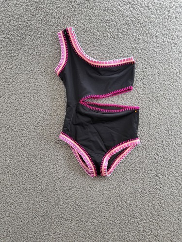 PQ Platinum Swim Rainbow Embroidered Cutout One Piece Swimsuit Girls 8 Black - Picture 9 of 13